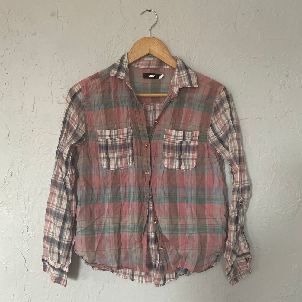 BDG Urban Outfitters Pink Blue Button up Plaid Shirt Top Small Preppy Outdoors